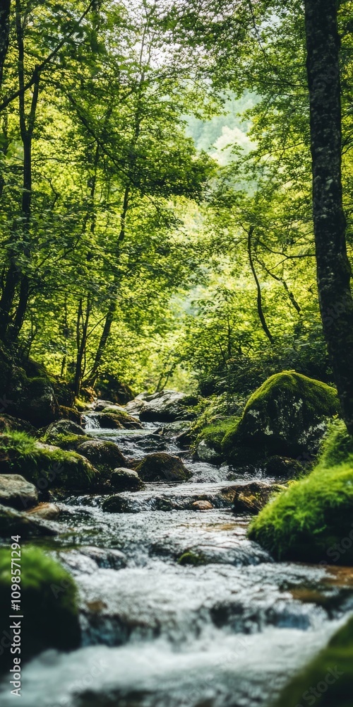 Poster a stream of water flows through a forest. the water is clear and the trees are green. the stream is 