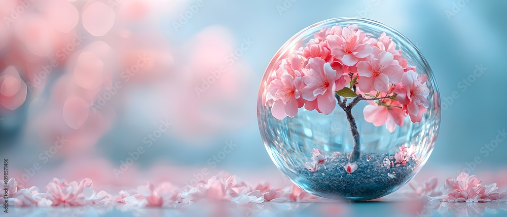 Poster delicate cherry blossom tree encased in a transparent glass sphere surrounded by soft pink petals an