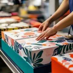 Fototapeta premium Person arranging floral gift boxes on shelf.