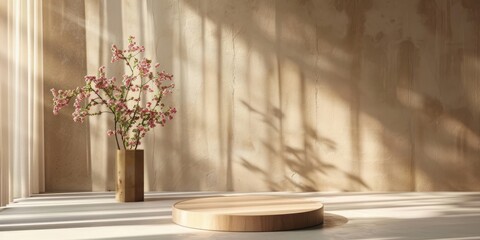 A serene minimalist interior featuring a cherry blossom vase and wooden platform, bathed in natural sunlight against textured walls.