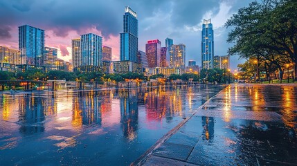 Obraz premium Stunning Skyline View of a Modern City with Vibrant Reflections on Wet Pavement at Dusk, Showcasing Dramatic Cloudy Sky and Urban Lights