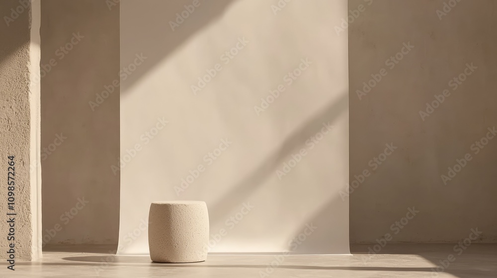 Poster minimalist photography studio setting featuring plain backdrop and small object in natural light, id