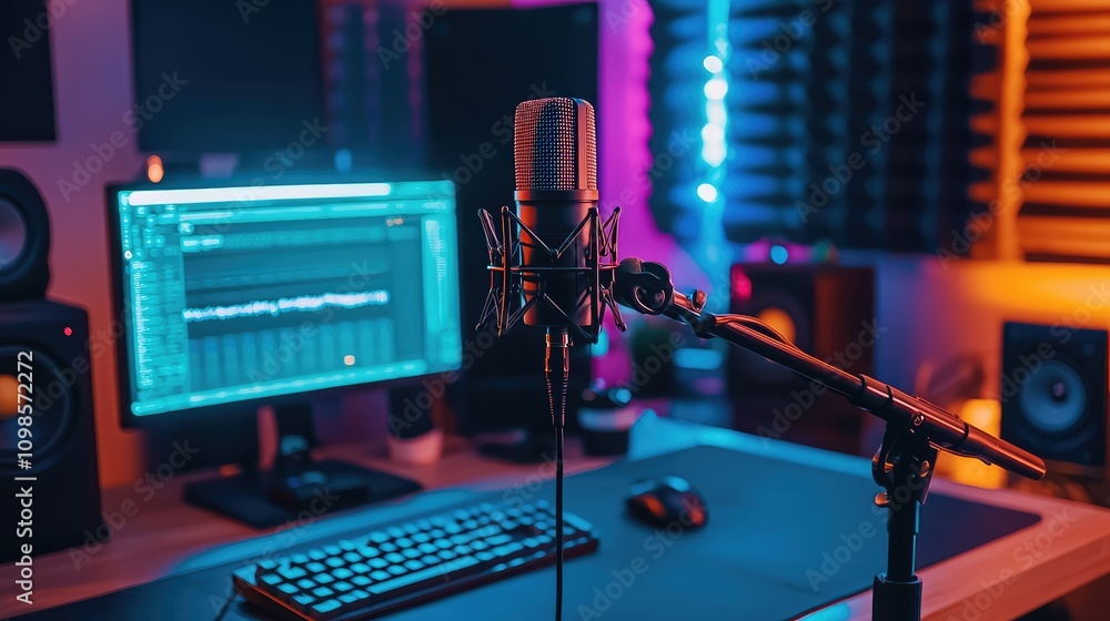 Aufkleber modern small recording studio with microphone and computer setup, featuring sleek design, ambient li