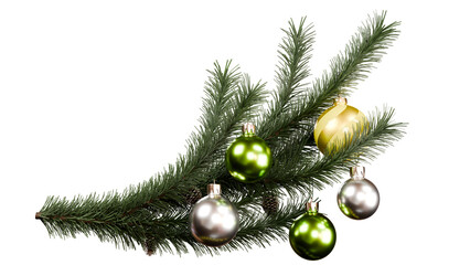 Branch of Christmas tree with ornaments. 3D render, PNG.