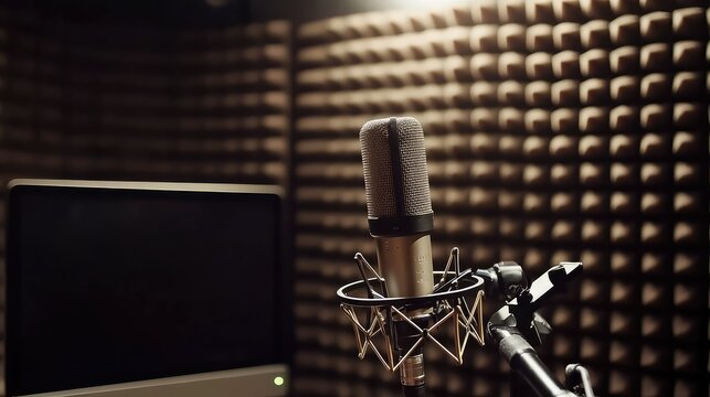Professional small recording studio setup featuring microphone, computer, and soundproofed walls, ideal for aspiring musicians and content creators capturing high-quality audio