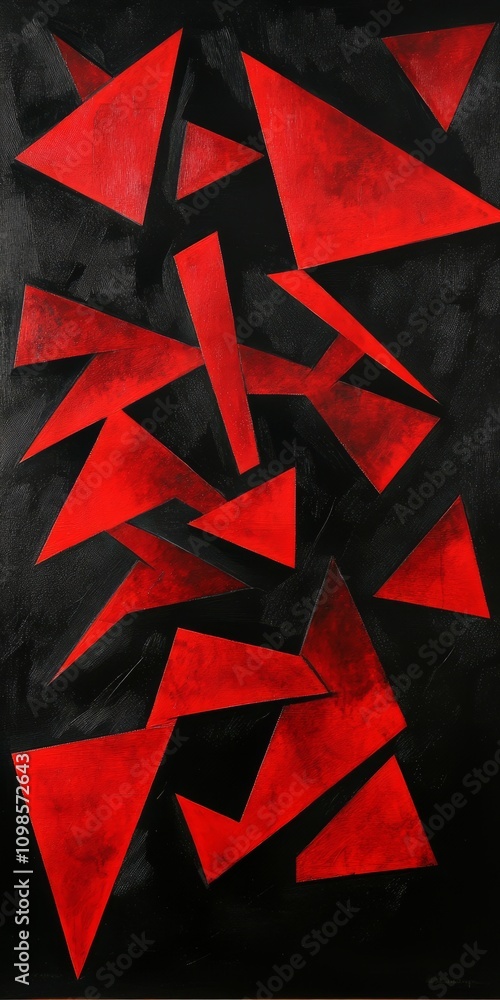Poster a black and red abstract painting with red triangles and squares. the painting is full of red and bl