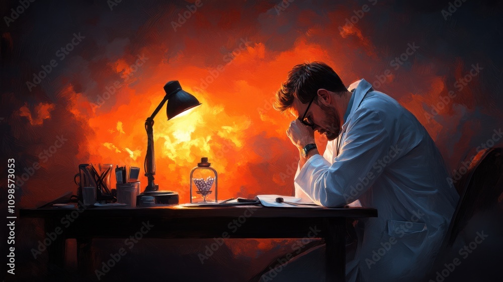 Poster contemplative scientist in laboratory reflecting on research with warm dynamic background and desk i