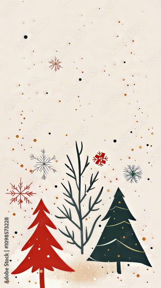 Poster a white background with three trees on it. the trees are red and green. there are snowflakes on the 