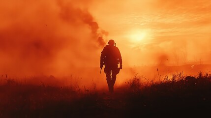 Soldier in Silhouette Walking Through a Smoky Battlefield at Sunset, Evoking Themes of Valor and Sacrifice in a Dramatic War Scene