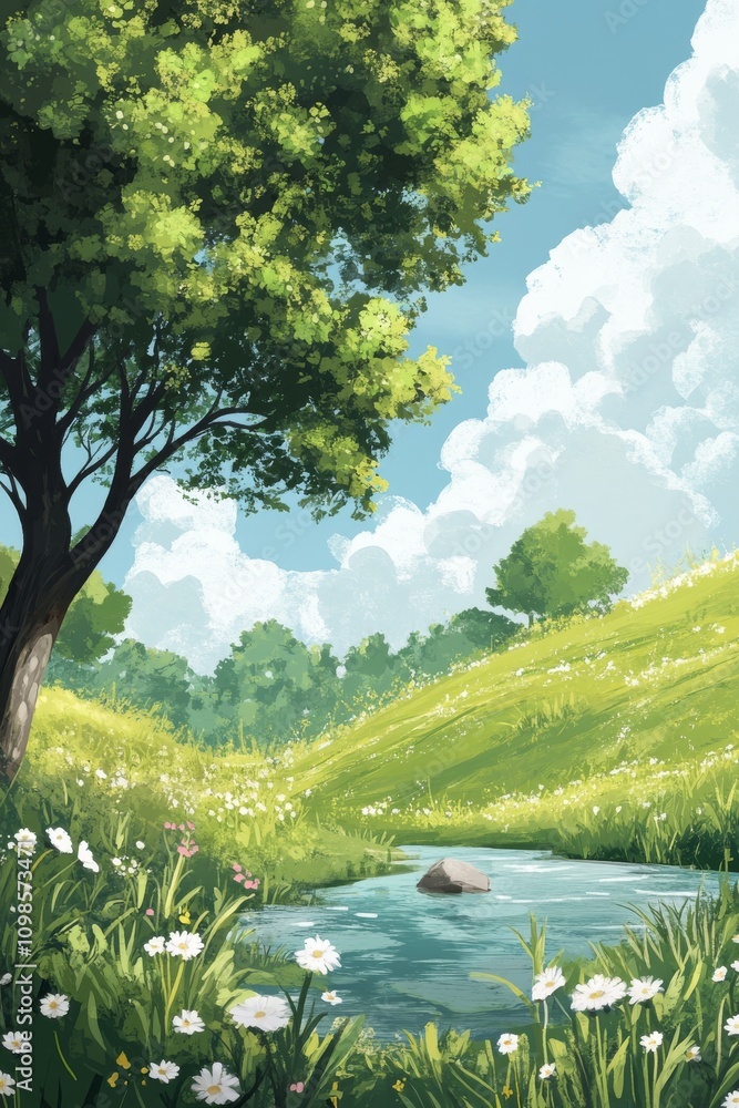 Poster a tree is in the foreground of a field with a river running through it. the sky is blue with some cl