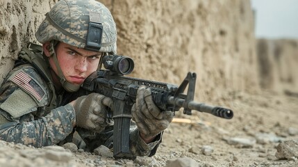 Fototapeta premium Soldier Taking Cover Behind Wall with Rifle Aimed in Combat Situation, Displaying Focus and Strategy in Military Operations, Engaged in Tactical Maneuvers