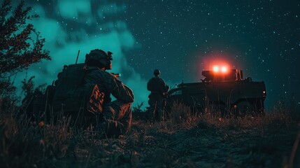 Fototapeta premium Soldiers Undertaking a Nighttime Mission under Starry Sky with Green Tinted Atmosphere and Tactical Vehicles in the Background