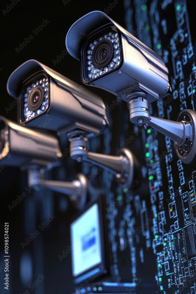Poster three surveillance cameras installed on a wall with a computer screen showing monitoring footage