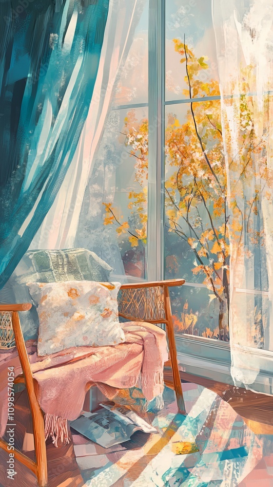 Poster a chair with a pink blanket and a book on it. the chair is in front of a window with a tree outside