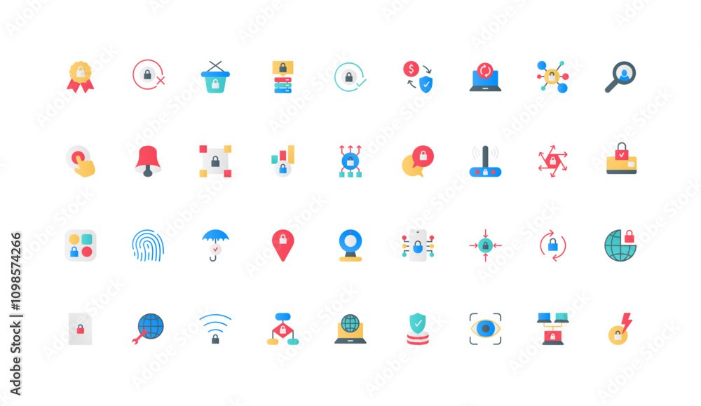 Poster cybersecurity, secure shield and lock for confidential data color icon set. firewall, smart antiviru