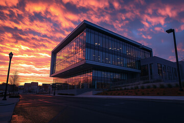 Obraz premium Moderne Architektur vor buntem Sonnenuntergang