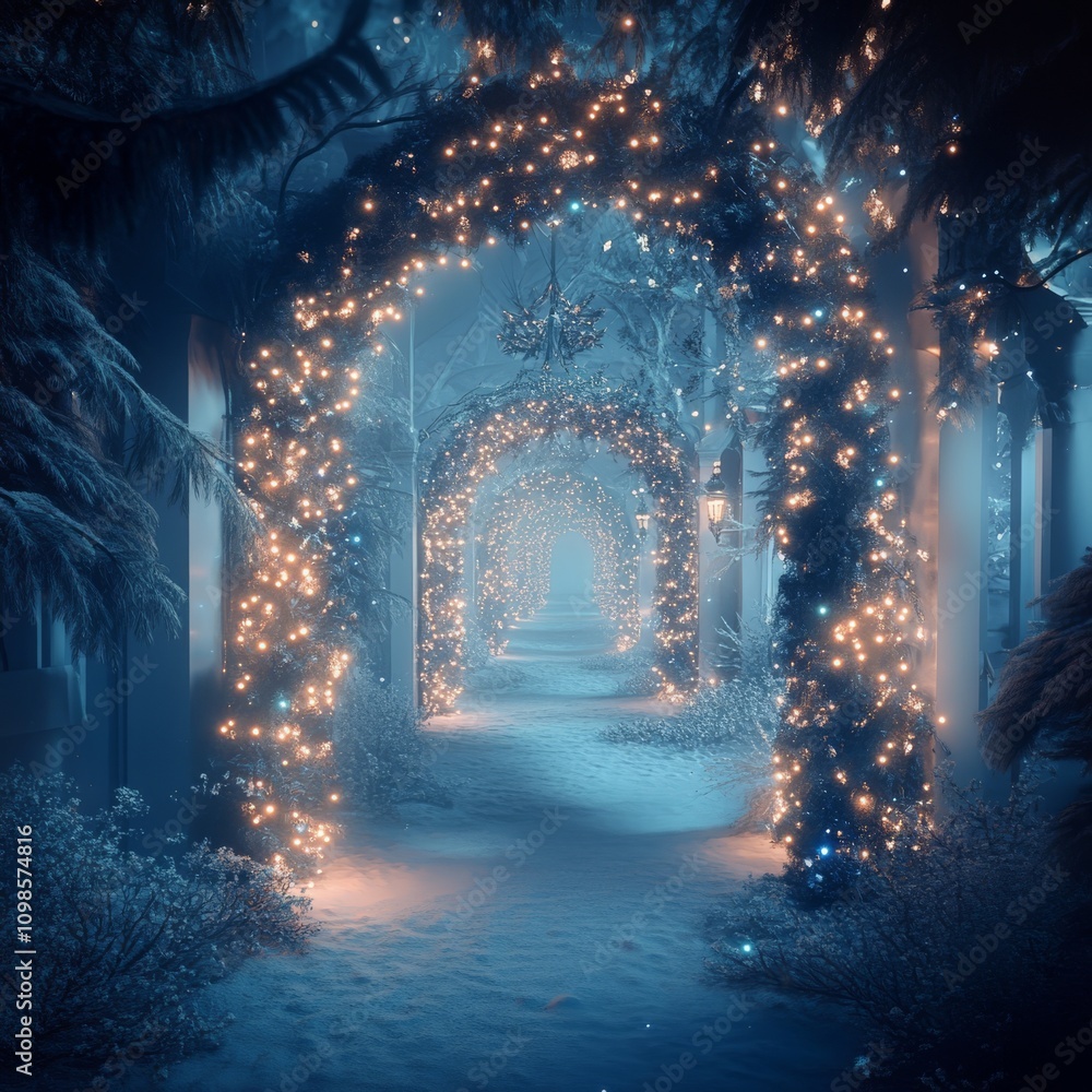 Poster a magical winter pathway adorned with sparkling fairy lights, creating a serene and enchanting atmos