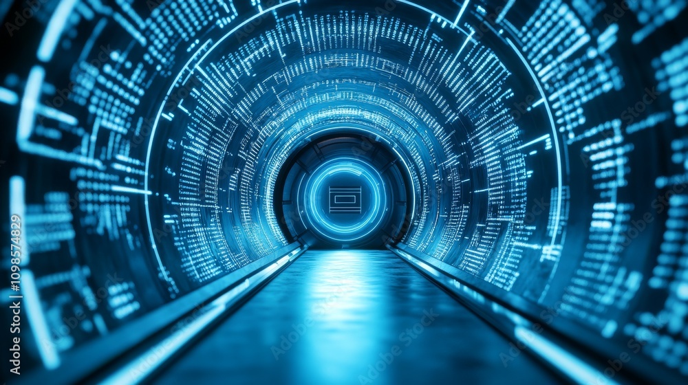 Poster digital futuristic tunnel with glowing code