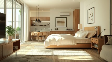 Obraz premium Cosy and Modern Studio Apartment Designed with Natural Light, Simple Layout, and Stylish Decor, Perfect for Comfortable Living and Relaxation