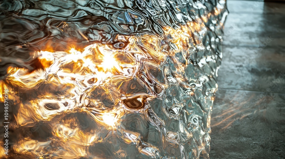 Poster dramatic sunlight reflections on glass surface creating unique patterns and textures by the shore wi