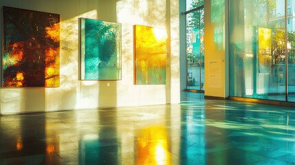 Naklejka premium Sunlight Creating Dramatic Reflections on Glass Surfaces in an Art Gallery, Highlighting Colors of Artistic Paintings and Play of Light Across the Floor