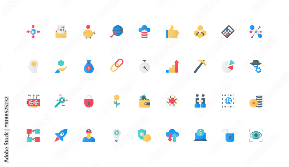 Poster decentralized digital technology, blockchain and cryptocurrency, data mining color icon set. network