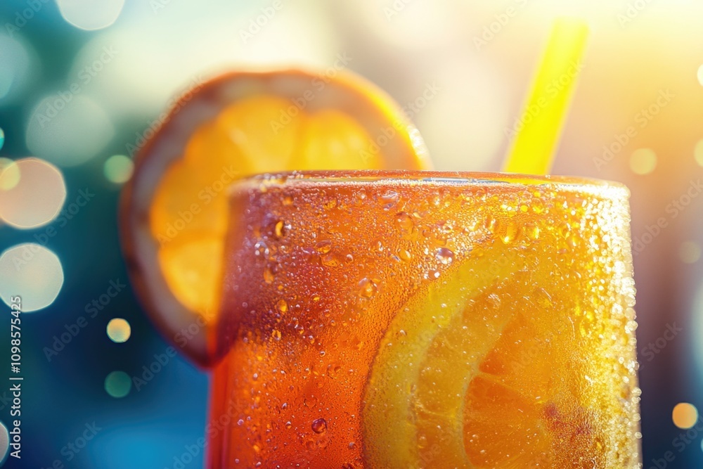 Poster close-up of a refreshing drink with an orange slice garnish, perfect for capturing the moment