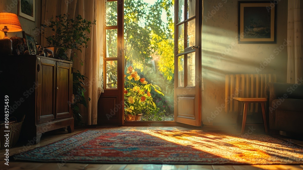 Poster sunlight pouring through an open door, creating a warm atmosphere in a colorful room with a vibrant 