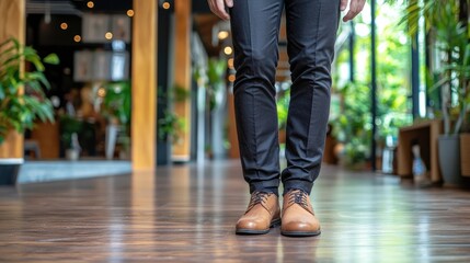Fototapeta premium Professional male stands in modern office space indoor environment contemporary design focus on footwear and style