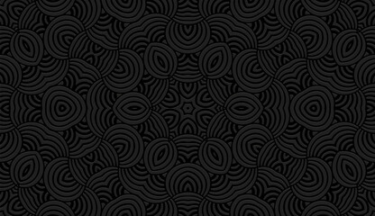 Naklejka premium Exotic black background, tribal design cover, banner. Geometric 3d pattern, embossing. Vintage ornaments, arabesques, mandala of the East, Asia, India, Mexico, Aztec, Peru. Ethnic holiday print.