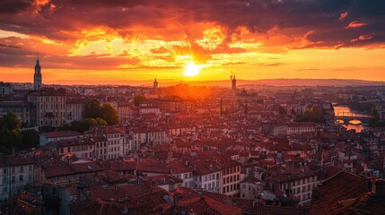 Obraz premium Breathtaking Sunset View Over a Sprawling City with Colorful Skies Illuminating the Horizon