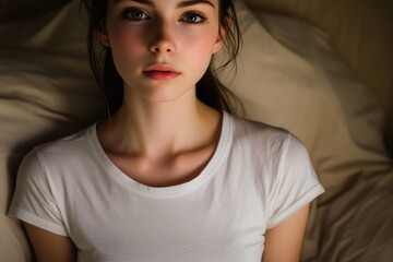 A woman lies down on a bed wearing a white shirt, possibly resting or relaxing