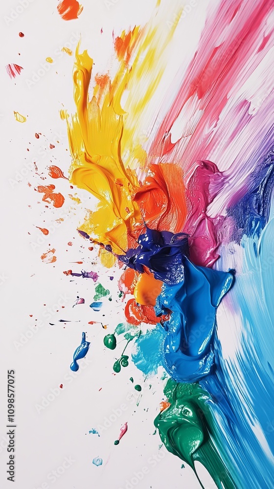 Poster colorful abstract paint splash on canvas, featuring a vibrant spectrum of hues and dynamic brush str