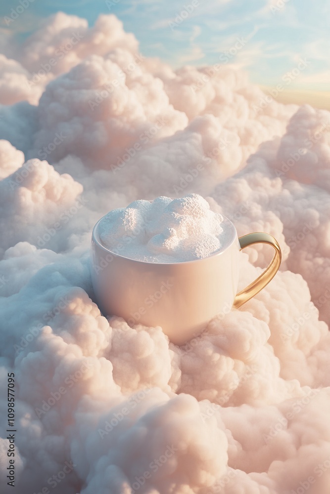 Poster a whimsical scene of a coffee cup resting on soft clouds, creating a surreal and dreamy atmosphere.