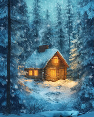 Winter Cabin in Snowy Forest, Warm Light and Falling Snow,  bright colors, digital illustration, book covers, postcards