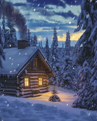 Fototapeta premium Winter Cabin in Snowy Forest, Warm Light and Falling Snow, bright colors, digital illustration, book covers, postcards