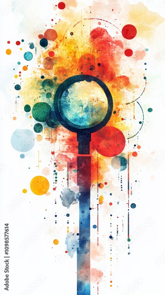 Poster dynamic abstract watercolor artwork featuring a magnifying glass and colorful circles, creating a vi