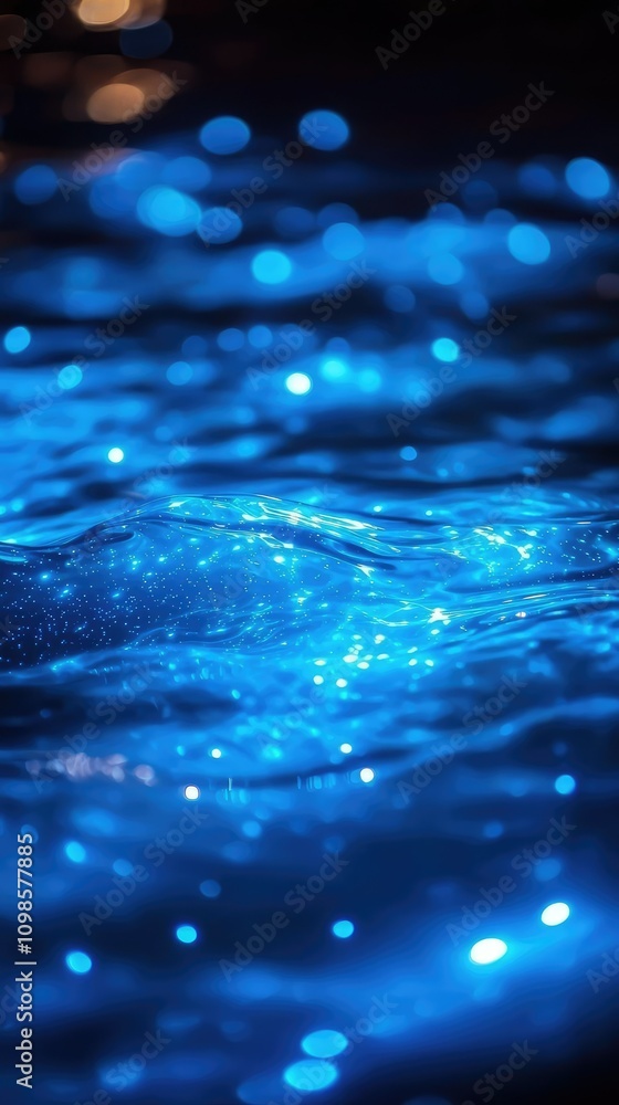 Poster mesmerizing scene of tiny glowing particles in water creating a bioluminescent effect captured in st