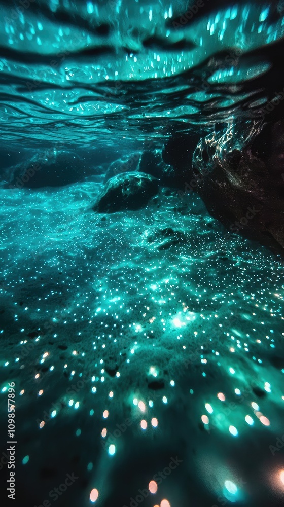 Aufkleber enchanting underwater scene with tiny glowing particles creating a bioluminescent effect in crystal 