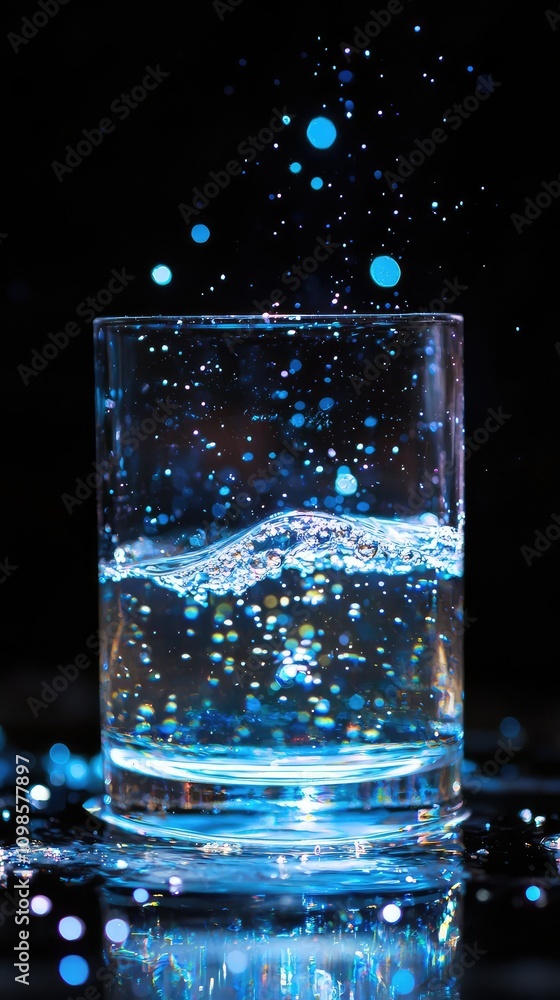 Poster tiny glowing particles suspended in clear liquid captured with gigapixel quality, demonstrating dyna
