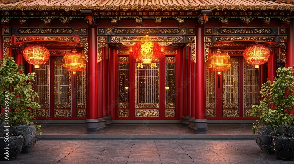 Poster traditional temple with red and gold decorative elements surrounded by lush greenery, showcasing int