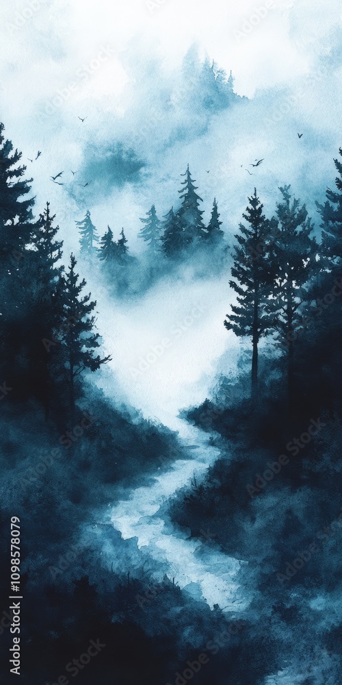 Poster a painting of a forest with a river running through it. the trees are tall and the sky is cloudy. th