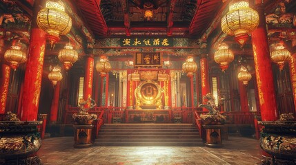 Obraz premium Majestic Traditional Temple Interior Featuring Red and Gold Decorative Elements, Lanterns, Cultural Artwork, and Intricate Design Details That Showcase Rich Heritage