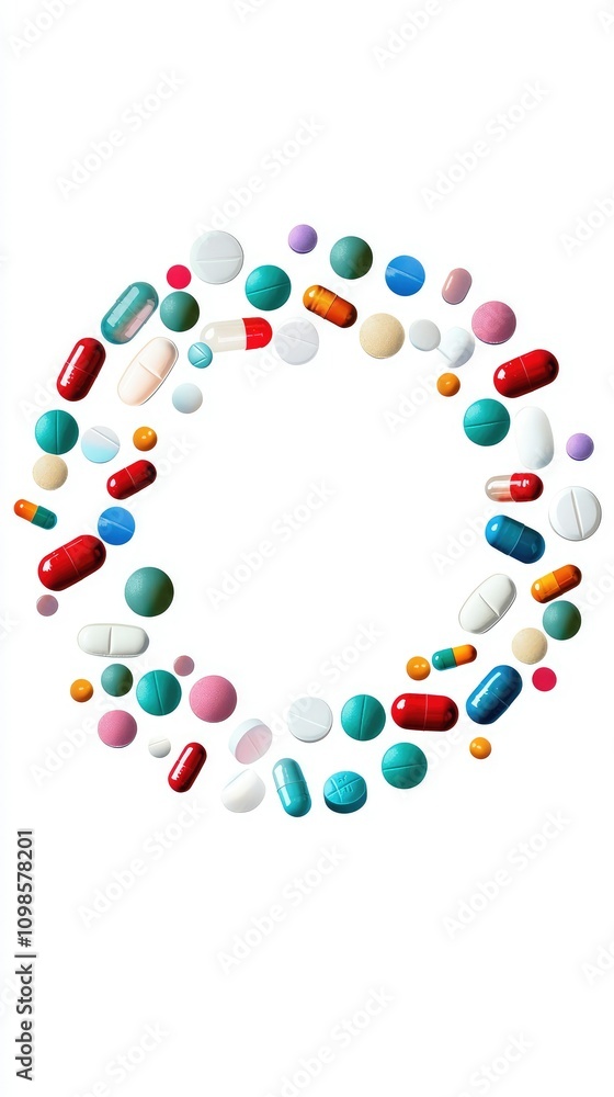 Poster circular pattern of various medications and pills displayed elegantly against a white background for