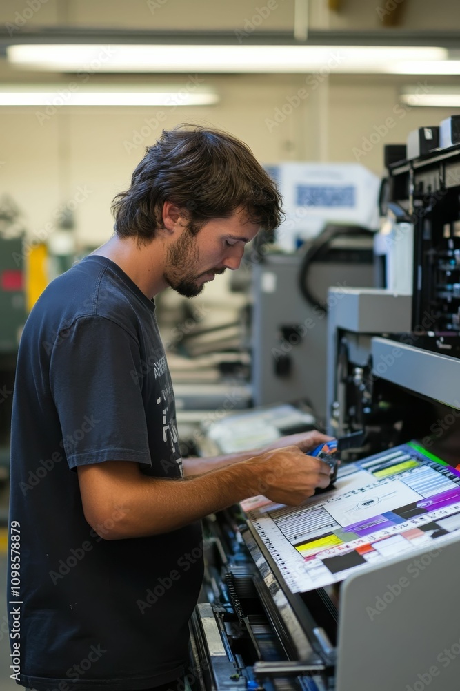 Poster man operating large format color printer.