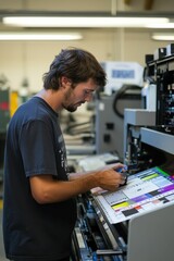 Man operating large format color printer.