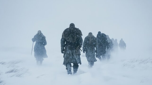 Viking Raiders Facing Relentless Blizzard as They Navigate Harsh Winter Conditions in Search of Shelter and Survival Amidst Endless Snowstorm