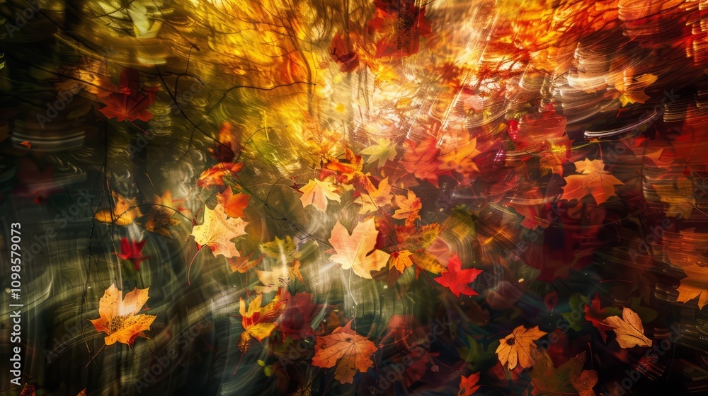 Poster a blurry image of autumn leaves floating in water. the leaves are of various sizes and colors, creat