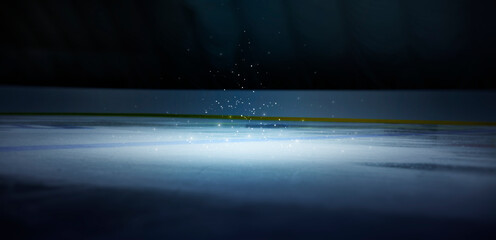 Ice. Realistic ice and light on hockey stadium. Ice background. Reflection. Bright lighting with spotlights. Sparkles. Background