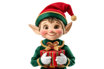 A whimsical elf in a green and red outfit, holding a small gift, transparent background